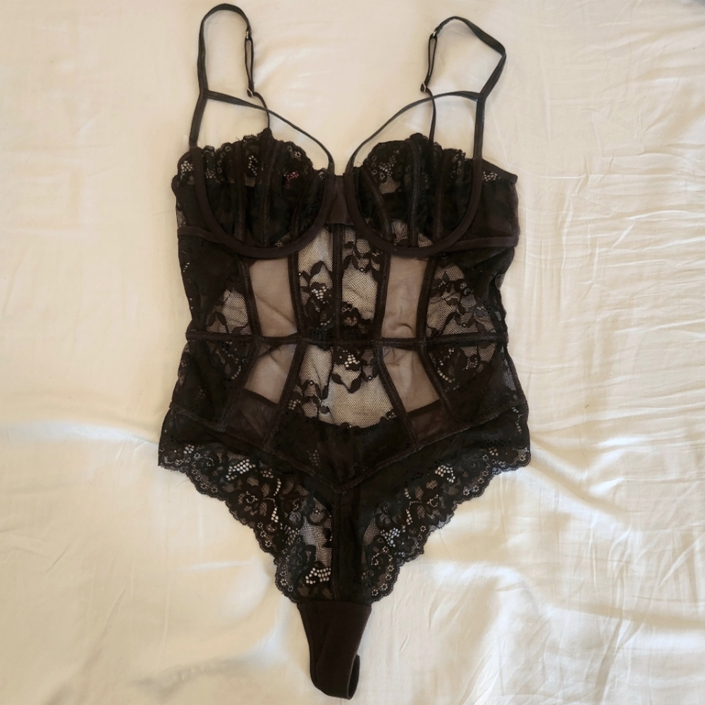 La Senza Bodysuit Sheer Mesh Lace Chocolate Leather Trim G String NWOT Small S